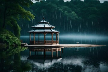 Fototapeta premium A tranquil lakeside gazebo amid a drizzling rain.