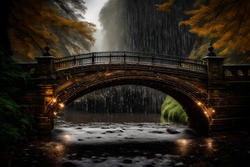 A historic bridge adorned with glistening raindrops.