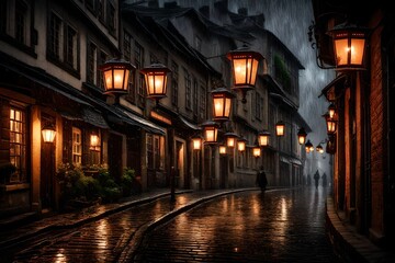 Fototapeta na wymiar Rain-soaked cobblestone streets under vintage lanterns.
