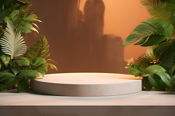 3D Stone podium platform in tropical plants decoration, For Presentation display cosmetics products branding, Empty minimal stage identity and packaging design, ai generate