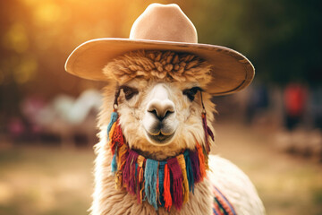 Fototapeta premium Portrait of an alpaca wearing hat