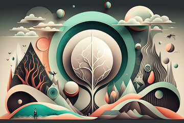 Colorful Surreal Fantasy Landscape in Infographic Style, Generative AI