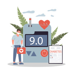 Doctor next to huge glucose meter vector illustration. Cartoon drawing of medical professional with injection, first-aid kit and diagnostic report. Healthcare, medicine, diabetes concept