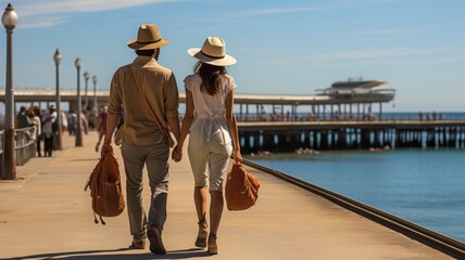young couple with their backpacks traveling, looking for their hotel in the sand background the view of the beach