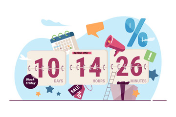 Clock countdown to discount event vector illustration. Black Friday date marked on calendar, megaphone and sale price tags promoting shops and stores. Black Friday, shopping, business concept