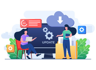 Upgrading operating system flat illustration, System update, System maintenance, Update program and application, Error fixing, troubleshooting, Device update, Software upgrade process