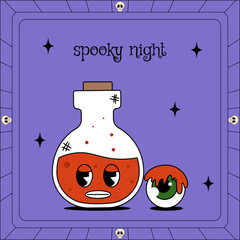 Groovy retro happy halloween. Cute flask and lettering Spooky Night. Vector greeting template, poster, print, party invitation and background. Funky card of comic character.