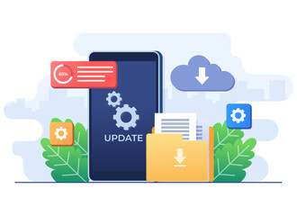 Upgrading operating system flat illustration, System update, System maintenance, Update program and application, Error fixing, troubleshooting, Device update, Software upgrade process