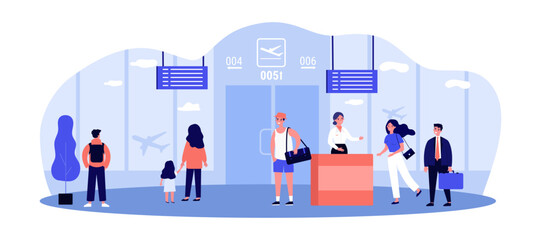 Happy passengers at airport gate vector illustration. People checking documents, waiting for departure, watching airplanes taking off. Summer, international travel, tourism concept