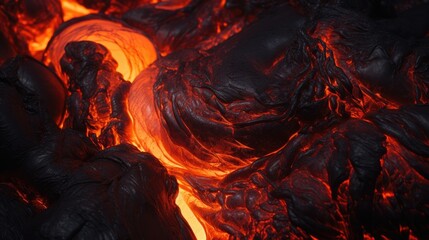 Close-up of a lava flow of volcano texture background. Magma textured molten rock surface banner for wallpaper..