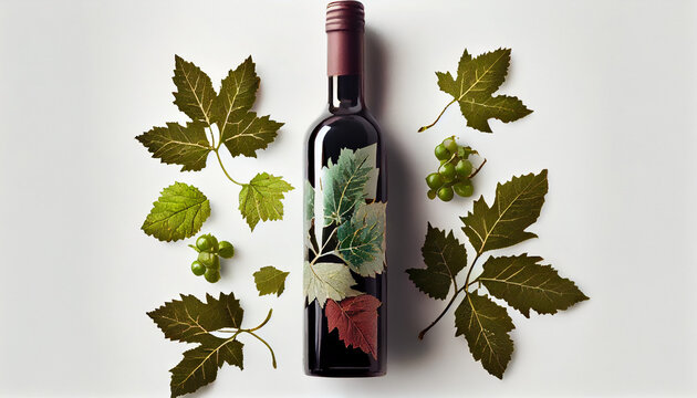 Bottle of wine with grapes and leaves, ottle of red wine with ripe grapes and flat leave on white background. Copy space, top view, Ai generated image