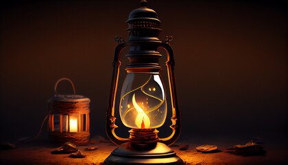 Fototapeta na wymiar Burning kerosene lamp background, concept lighting, Old oil lamp on the table, Ai generated image 