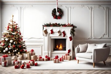 Festive Christmas interior with fireplace and Christmas tree white background copy space for text
