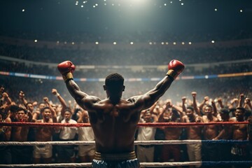 Rear view of a boxer in red boxing gloves standing in front of a crowd of people at a boxing ring - Powered by Adobe