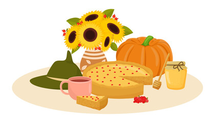 Seasonal autumn food and drinks vector illustration. Sunflowers in vase, pumpkin, apple pie, honey jar, hot tea or cocoa and hat for home decoration. Autumn food, harvest, Thanksgiving concept