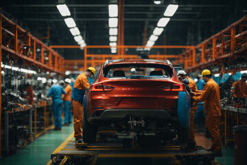 Obraz premium Back view of mechanical engineer checking the vehicle at the Automobile factory