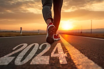 Afwasbaar Fotobehang Donkerbruin 2024 written on asphalt road and a runner starting the new year. Concept of challenge or career path and change.