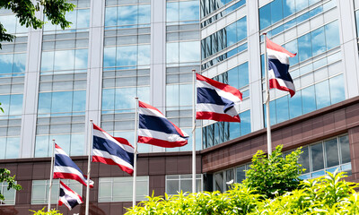 Thailand flag pole in front of building - obrazy, fototapety, plakaty