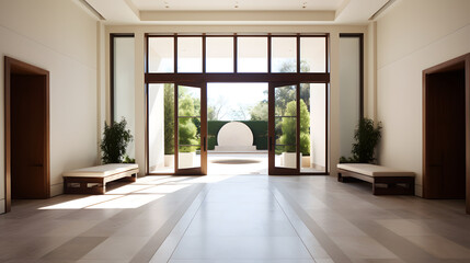 Fototapeta premium Large modern interior space; backyard foyer