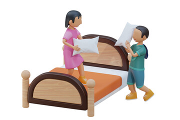 Little kid play pillow fight with firend 3d Illustration