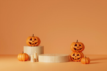 Halloween with pumpkin and empty minimal podium pedestal product display background and Halloween Elements. 3d render.