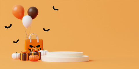 Halloween with pumpkin and empty minimal podium pedestal product display background and Halloween Elements. 3d render.