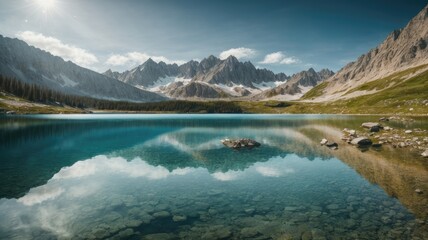 Fototapeta na wymiar Breathtaking Alpine Lake Wallpaper, Generative AI
