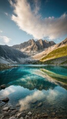 Naklejka na ściany i meble Nature's Beauty: Alpine Lake Reflections, Generative AI