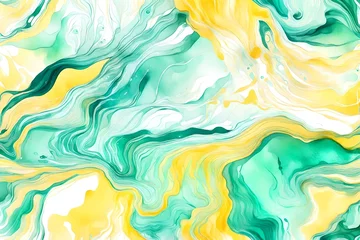 Schilderijen op glas yellow mint liquid marble watercolor background with white lines and brush stains. Teal turquoise marbled alcohol ink drawing effect. Vector illustration backdrop, watercolour wedding invitation © CREAM 2.0