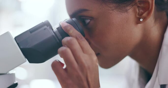 Woman, scientist and microscope in forensic analysis, new discovery or data research at laboratory. Closeup of female person, medical or healthcare professional looking in scope at science lab