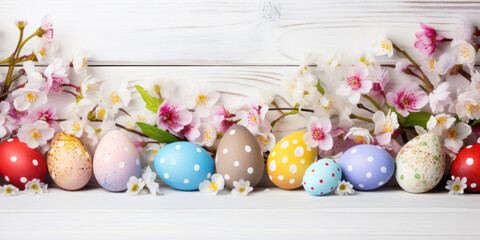 Colorful Easter eggs with spring blossom flowers over white wooden background