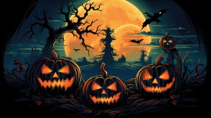 Three halloween Jack O' Lantern pumpkins under the moonlight. dark night forest full moon. halloween abstract background. 