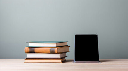 Reader and hardcover books on light grey table