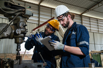 Team of technician worker checking and repair pressing metal machine at factory, Machine...