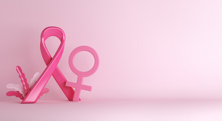Breast cancer awareness ribbon with woman symbol decoration background, copy space text, 3d rendering illustration