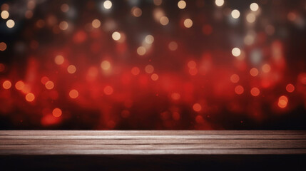 Close up of empty old wooden table over magic red Christmas background