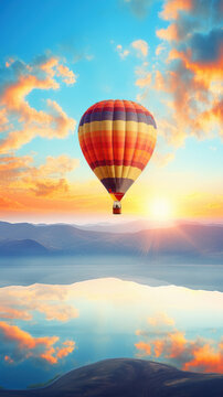 Hot air balloon in horizon sky, morning sunlight