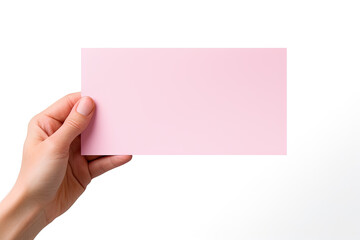 Obraz premium A human hand holding a blank sheet of pink paper or card isolated on a white background
