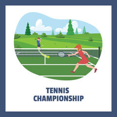 Tennis championship banner with player on lawn court, flat vector isolated.