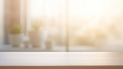 Empty white table blurred on soft light gently bokeh background