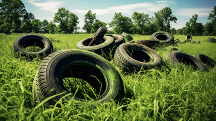 Old tires discarded in a wild meadow. The concept of planetary pollution