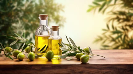 Fototapeten Olive oil and olive branch on the wooden table over nature background. © red_orange_stock
