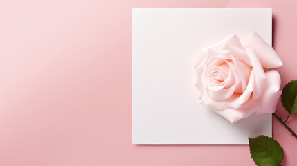 Pink pastel background with white paper and pastel pink rose