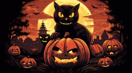 halloween pumpkins with cat under the moonlight. dark night forest full moon. graveyard silhouette halloween abstract background