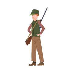 Vector illustration of standing hunter with shotgun, rifle in camouflage isolated on white background.