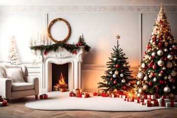 Festive Christmas interior with fireplace and Christmas tree white background copy space for text