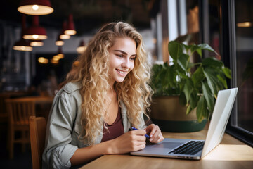Blonde long hair student girl smile using notebook laptop, woman  study online hybrid learning in coworking third space