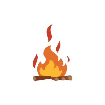 Vector illustration of burning bonfire with wood on white background, cartoon camping hot bonfire flat icon