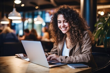 Latin hispanic student girl smile using laptop, study online hybrid learning
