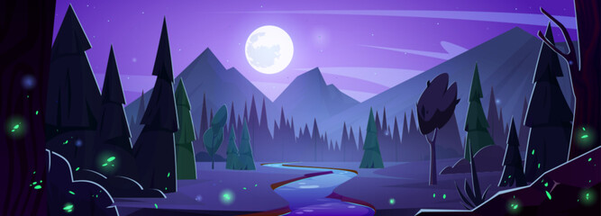 Night mountain forest landscape with river and pine tree. Full moon above wild evergreen woods nature silhouette panorama. Light reflection on water near beautiful alps environment at dark time